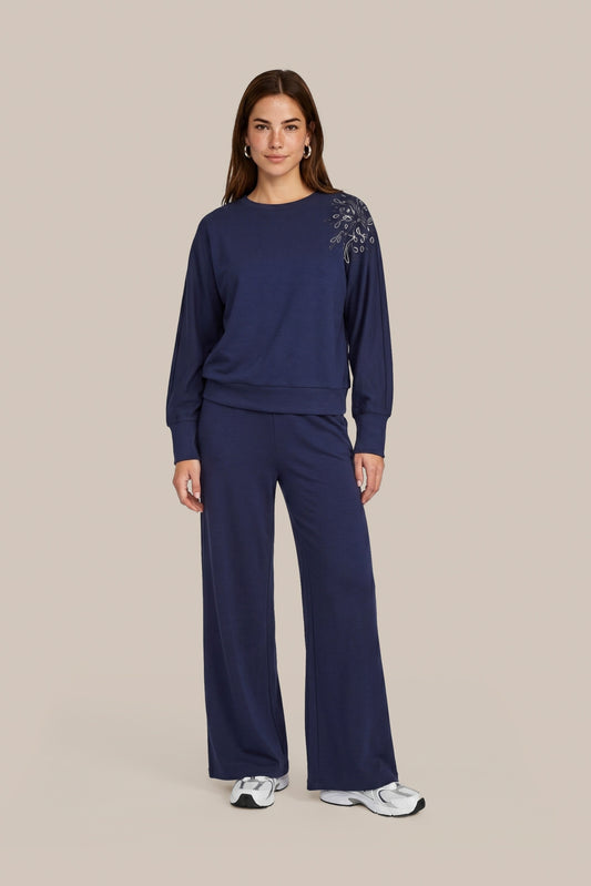 Donkerblauwe wijde broek met elastische taille en lange pijpen