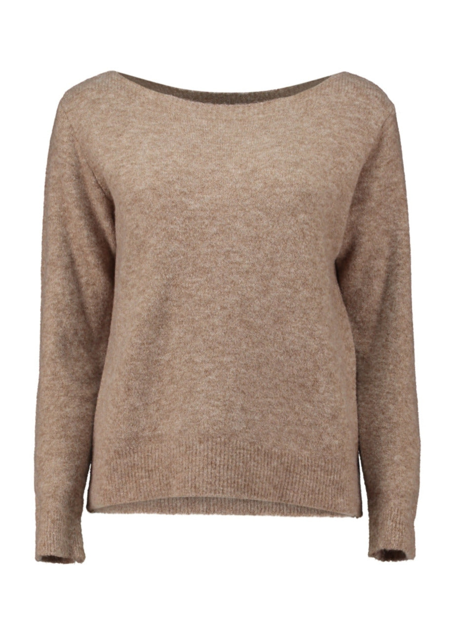 ZB trui taupe melange met ronde hals, lange mouwen, achteraanzicht