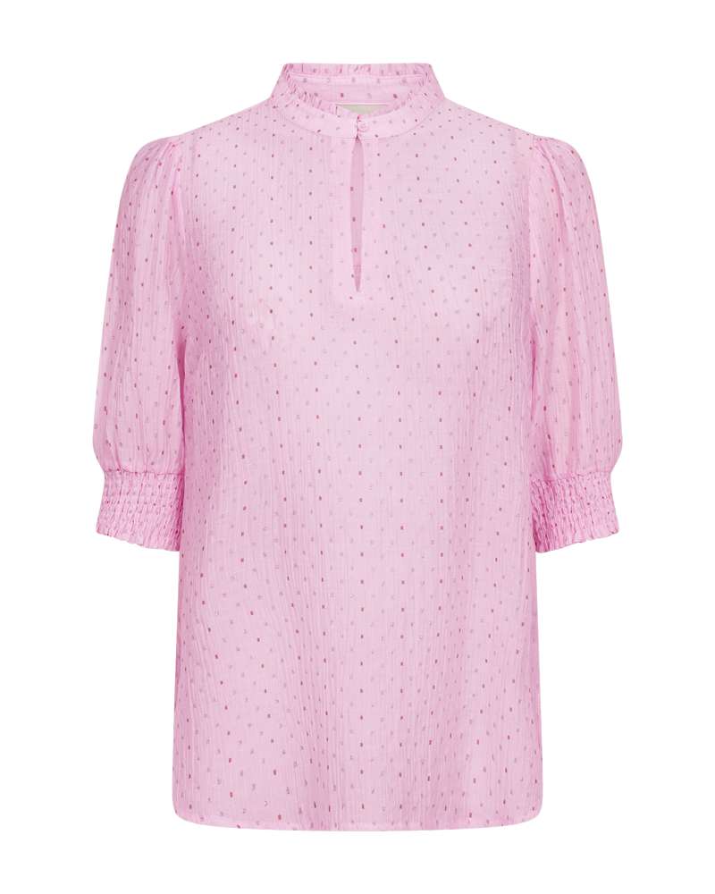 Roze Freequent blouse met puntprint, striksluiting en opgerolde, elastische mouwen