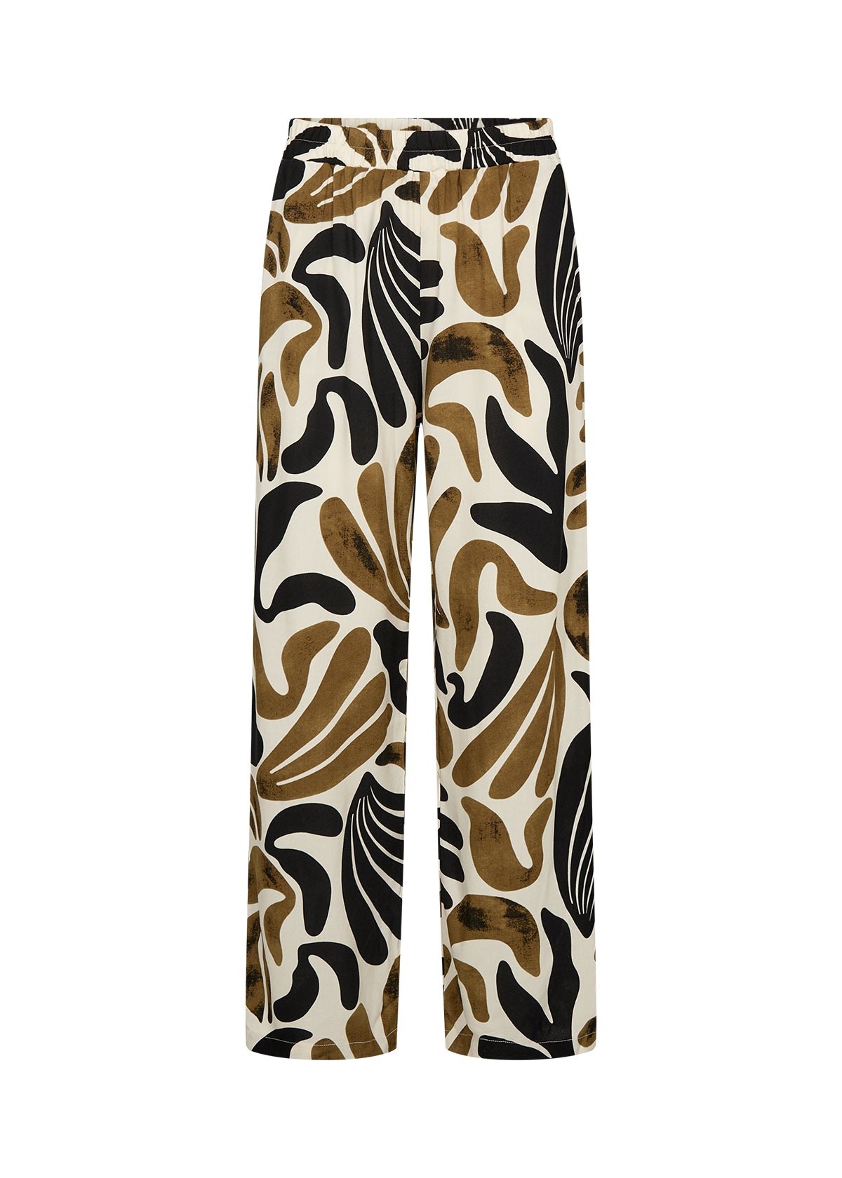 Soyaconcept broek Feldi 3 platte weergave, zwart-mosterd abstracte print, wijde pijpen