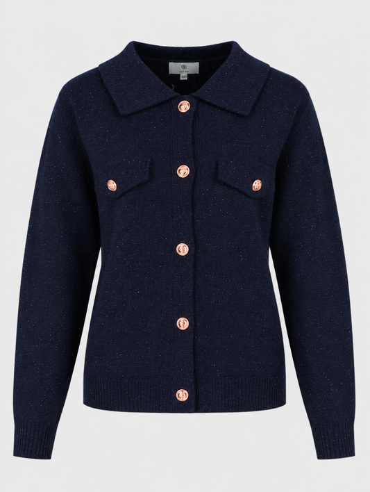 Gebreid vest met opstaande kraag, knoopsluiting en steekzakken, donkerblauw