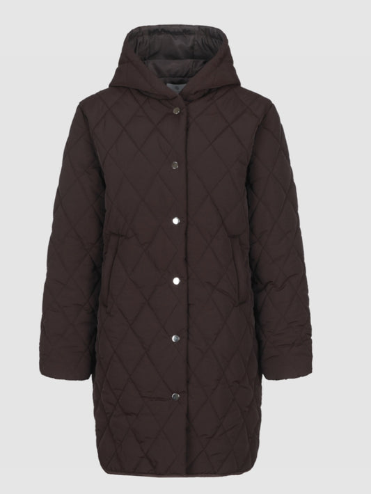 CS The Label jas met capuchon en knoopsluiting, donker chocoladekleurige quiltstof