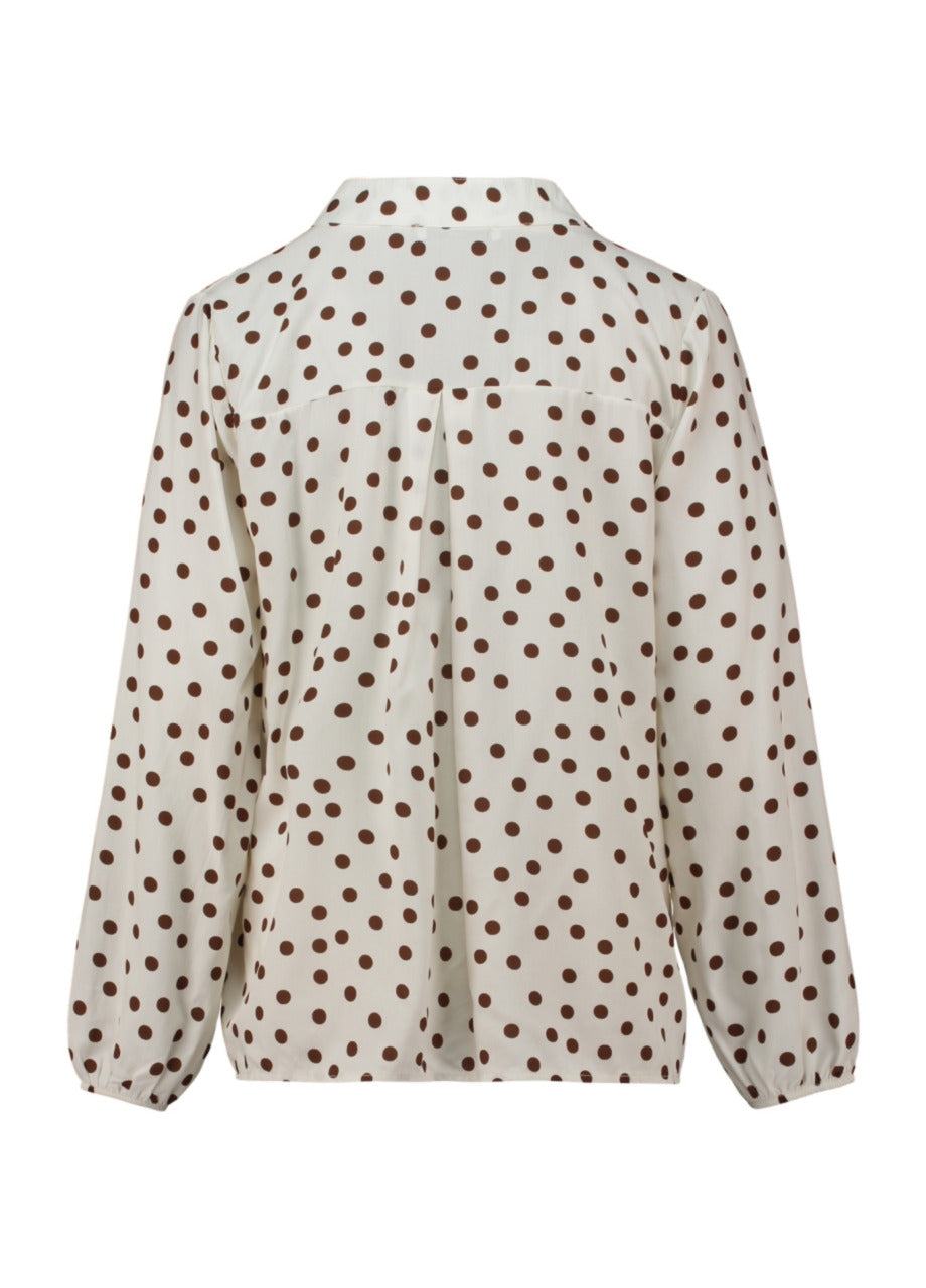 Offwhite blouse met bruine stippen, opstaande kraag, lange mouwen