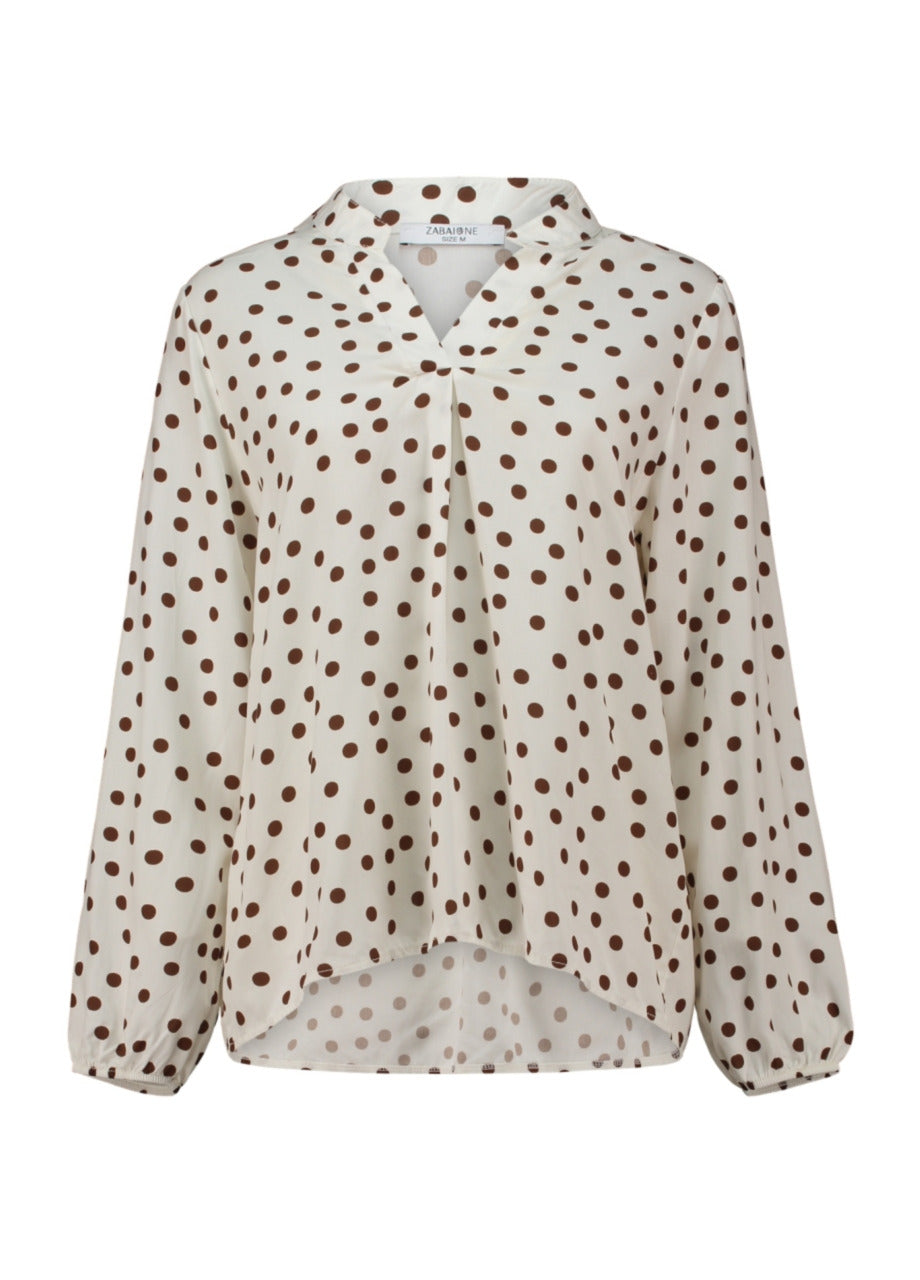 Offwhite blouse met bruine stippen, knoopsluiting, omgeslagen kraag, lange mouwen