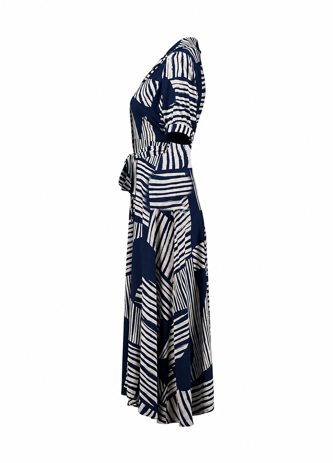 ZB Azura-jurk met opstaande kraag en riem, marineblauw met grafische streepprint