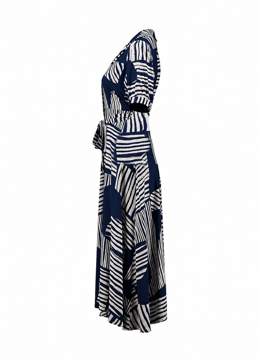 ZB Azura-jurk met opstaande kraag en riem, marineblauw met grafische streepprint