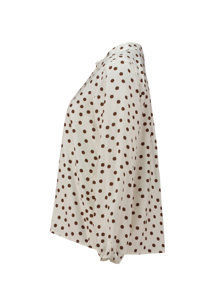 Offwhite blouse met bruine stippen, wijd model, lange mouwen