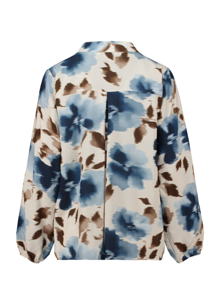 Blouse met lange mouwen en all-over dierenprint in blauw en bruin, achterkant met splitnaad