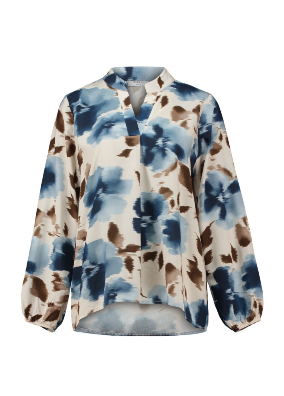 Blouse met lange mouwen, V-hals en knoopsluiting, all-over dierenprint in blauw en bruin
