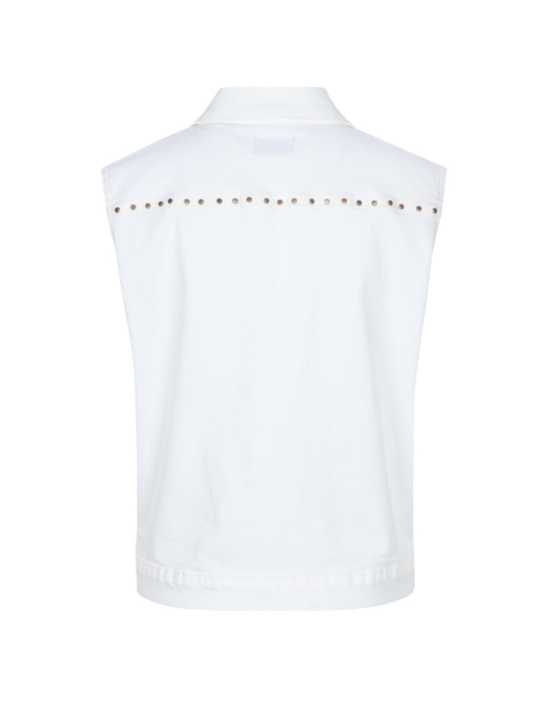Offwhite gilet achterkant met studs langs de kraag en gladde, rechte rug