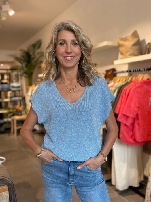 EF top V-hals glitter lichtblauw